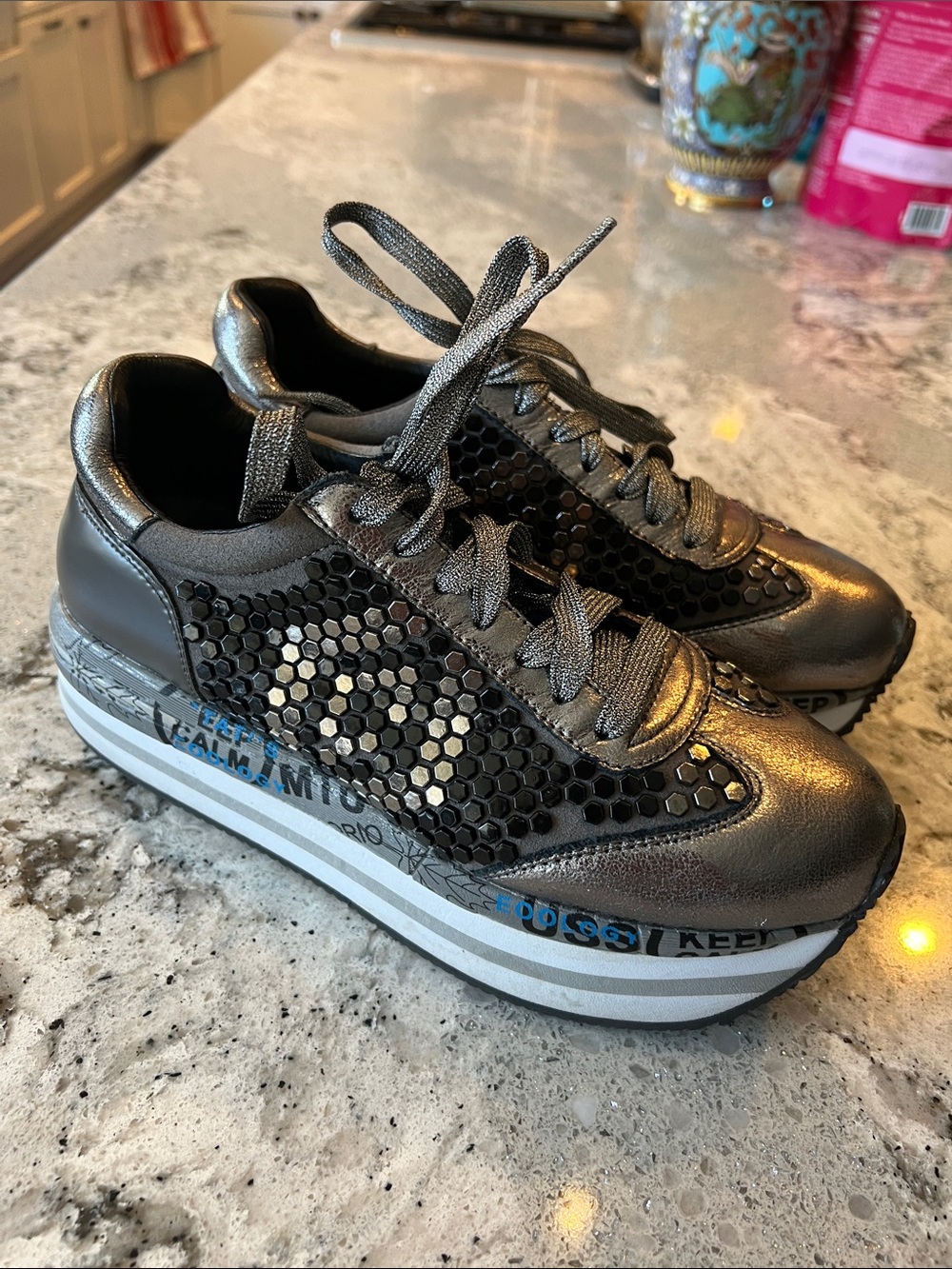 NWOB Alba Moda Metallic Silver Studded Platform Sneakers Size 37